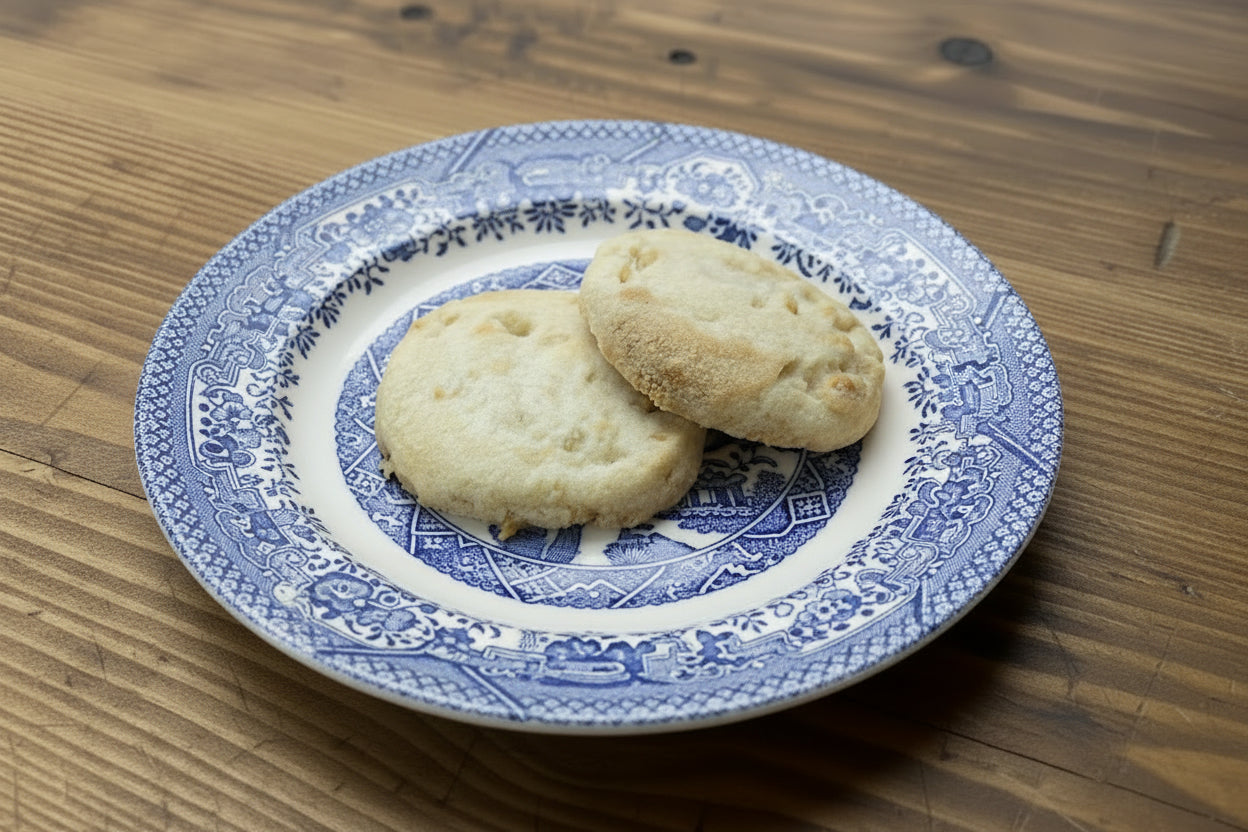 Two round cookies on a wooden cutting board