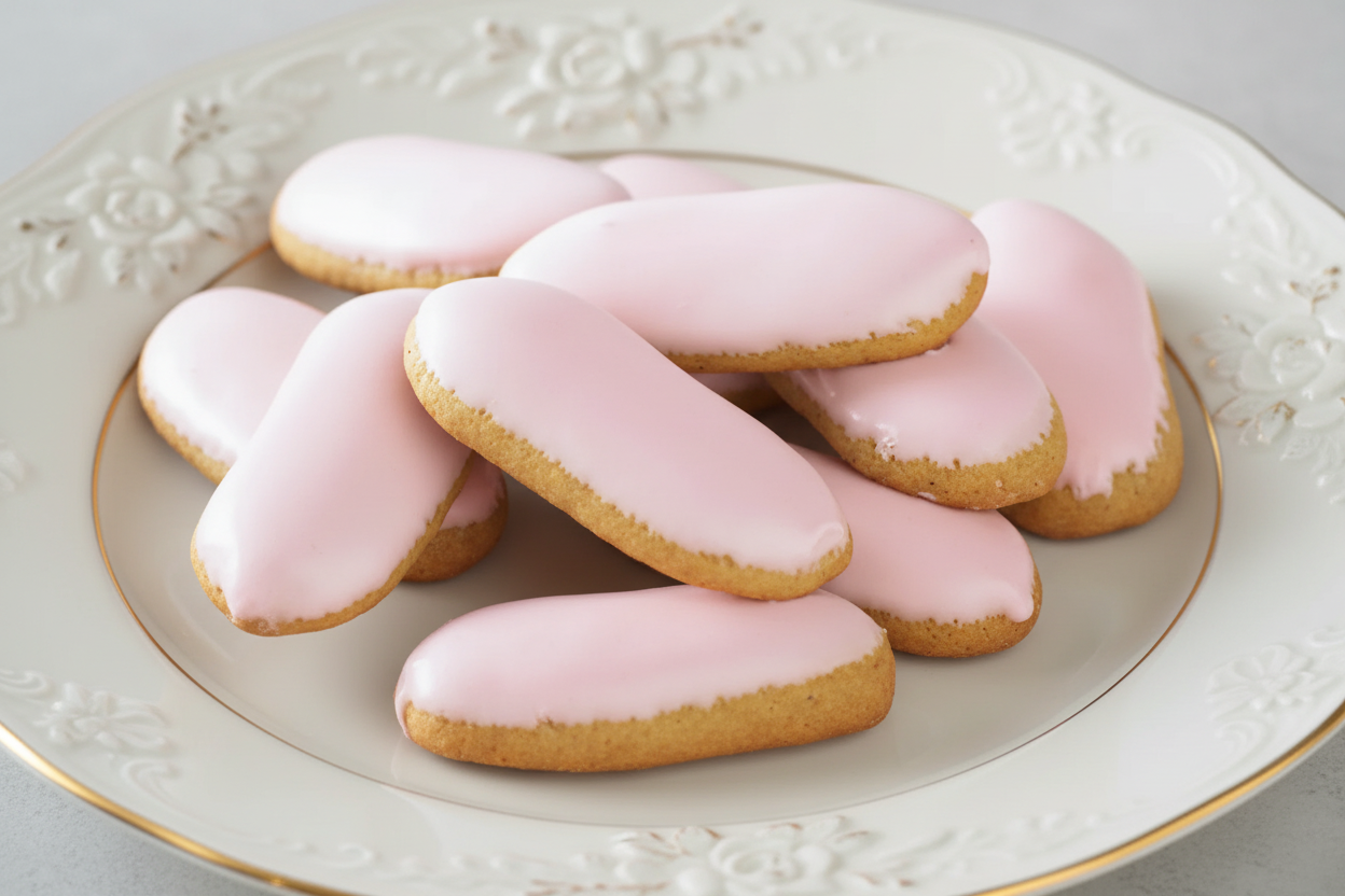 Pink cookies with gold bases on a pink plate